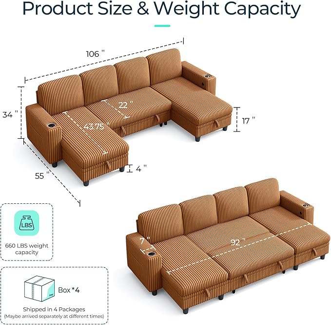 LINSY HOME Sectional Sleeper Sofa Pull Out Couches