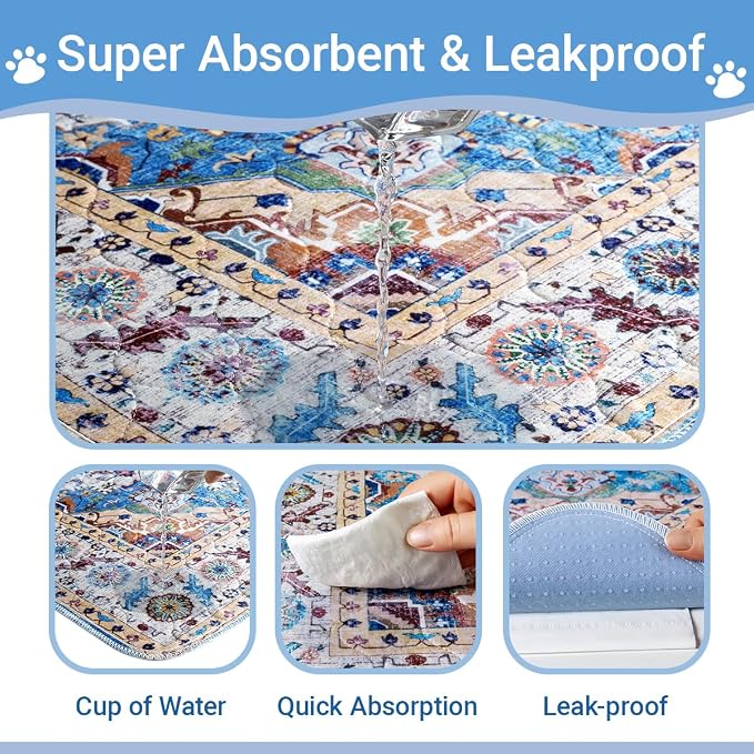 Washable Dog Pee Pads - 2 Pack， 40x26 Inch Large Reusable Absorbent Waterproof Puppy Potty Training Pads, Non-Slip Leakproof Whelping Pet Boho Mat for Crate, Playpen， Kennel & Indoors