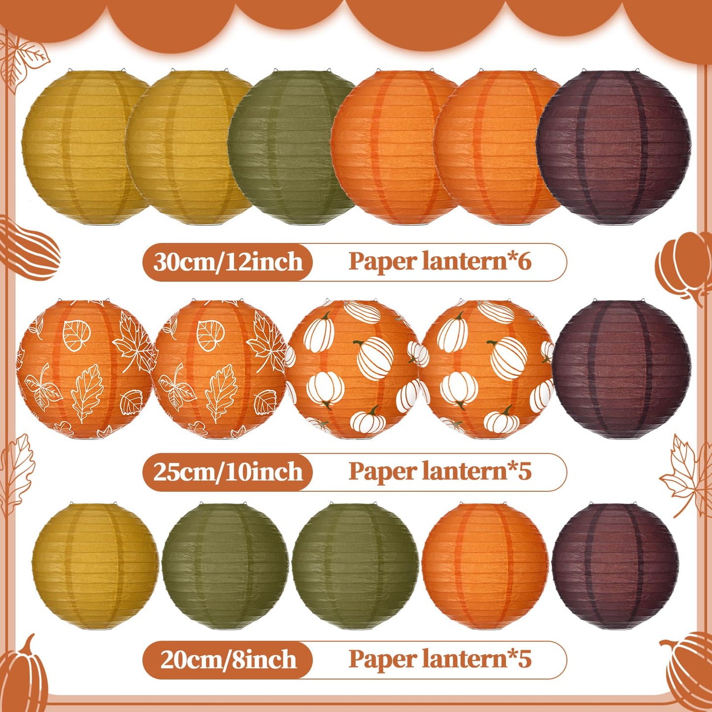 Bencailor 16 Pcs Thanksgiving Paper Lanterns Fall Party Paper Lanterns Dark Orange Pumpkin Round Thankful Maple Leaves Hanging Party Decorations for Autumn Harvest Outdoor Decor