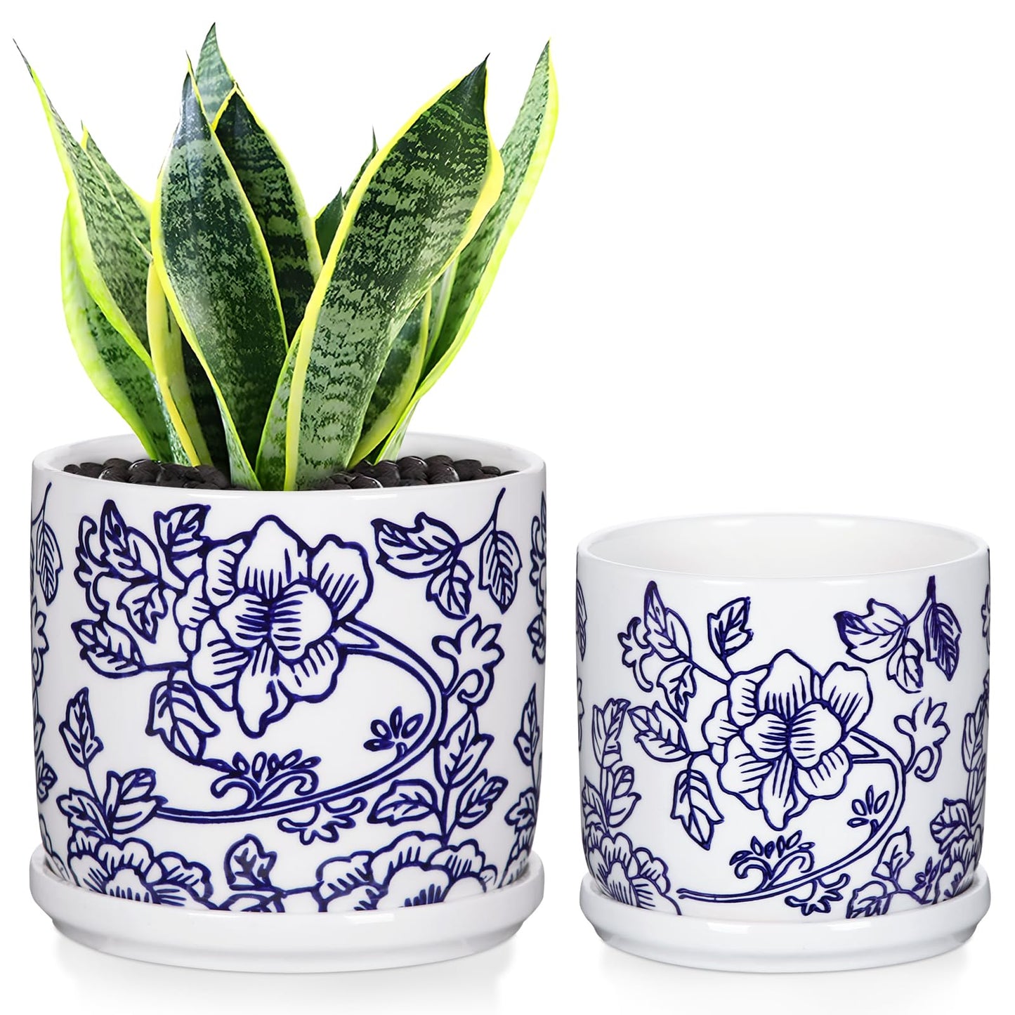 Set of 2 Blue and White Ceramic Plant Pots with Drainage Hole and Saucers, Retro Blue Porcelain Flowers Round Planters for Succulent Cactus Indoor Outdoor Garden Home Desktop Decor, 4.5+5.5 Inch