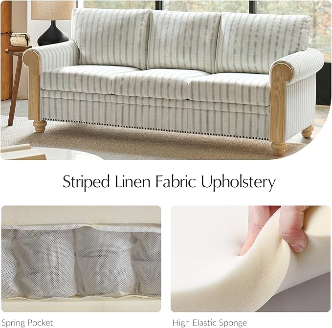 EcoHarbor Living 3-Seater Couch, Stripe 81" Mid-Century Modern Upholstered Sofa