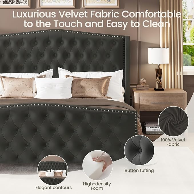 LARMACE Queen Size Bed Frame Velvet Upholstered Platform Bed