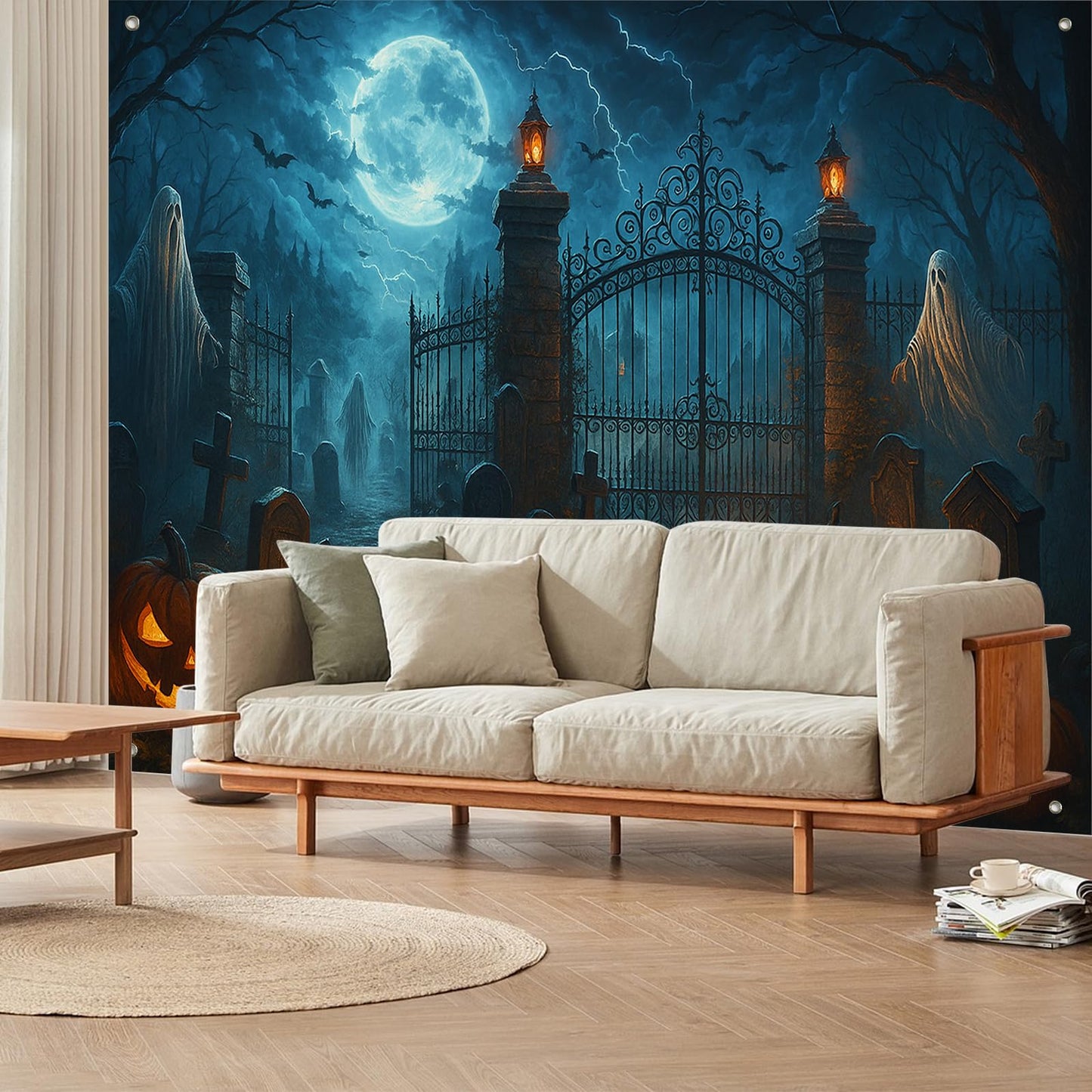 BlissYard Halloween Backdrop Banner for Party Decoration Photography Haunted Graveyard Ghosts Glowing Lanterns Full Moon 8x6ft Perfect for Spooky Halloween Party Horror Events