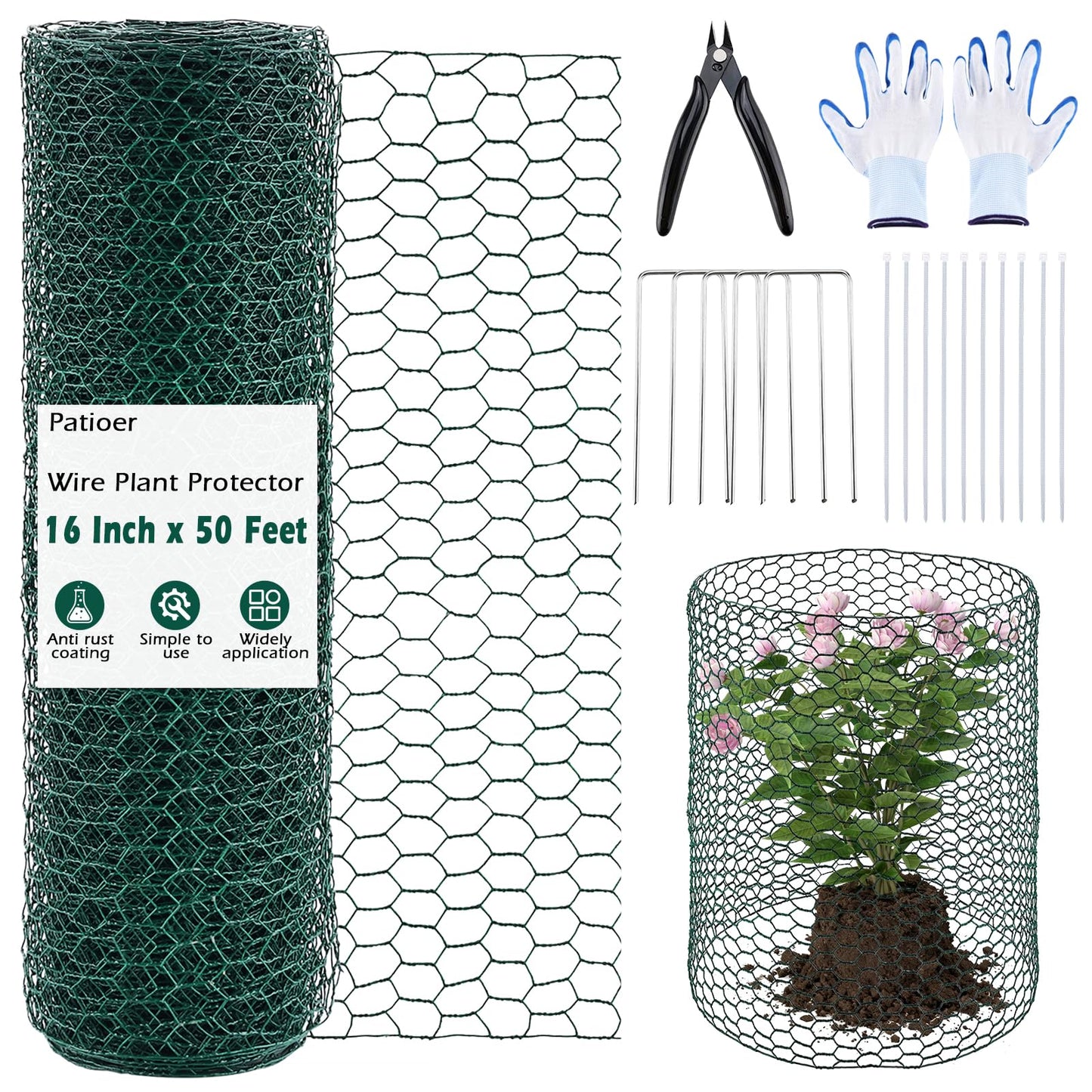 Patioer 16IN x 50Ft Plant Protectors from Animals, Wire Plant Cages for Outdoor, Chicken Wire Mesh Cloche with Plier Ground Stakes Gloves & Nylon Ties