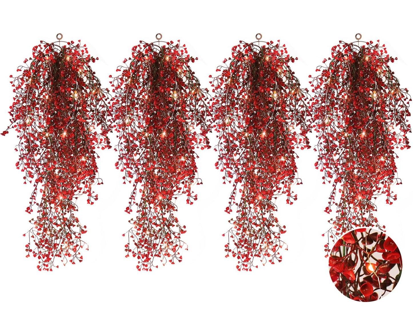 RECUTMS Artificial Hanging Fern Lighted with 30 LED Fake Hanging Ivy Vines Plastic Faux Greenery Plants for Home Wall Bedroom Garden Wedding Outside Decor Pack of 4 (Red)