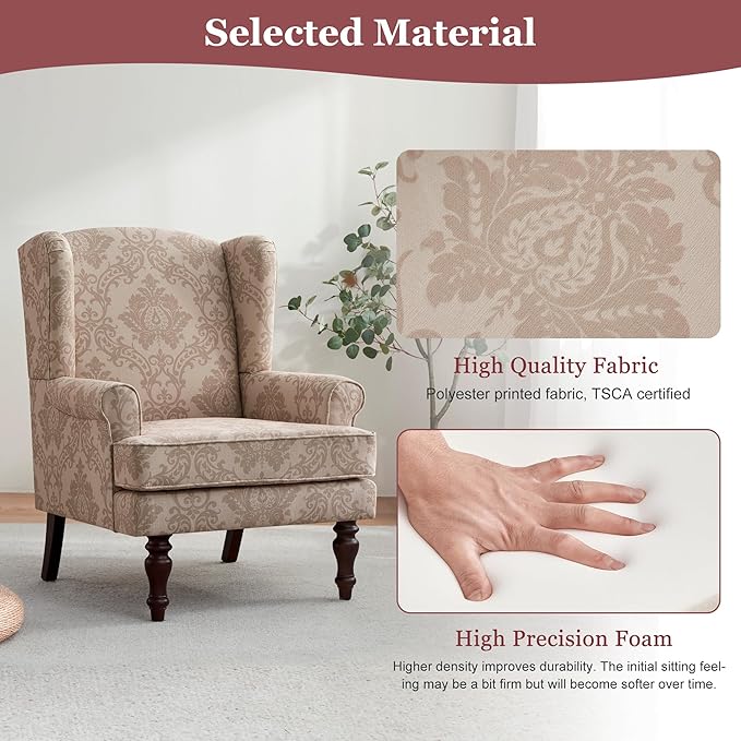 HUIMO Printed Wingback Accent Chair, Linen Upholstered High Back Armchair