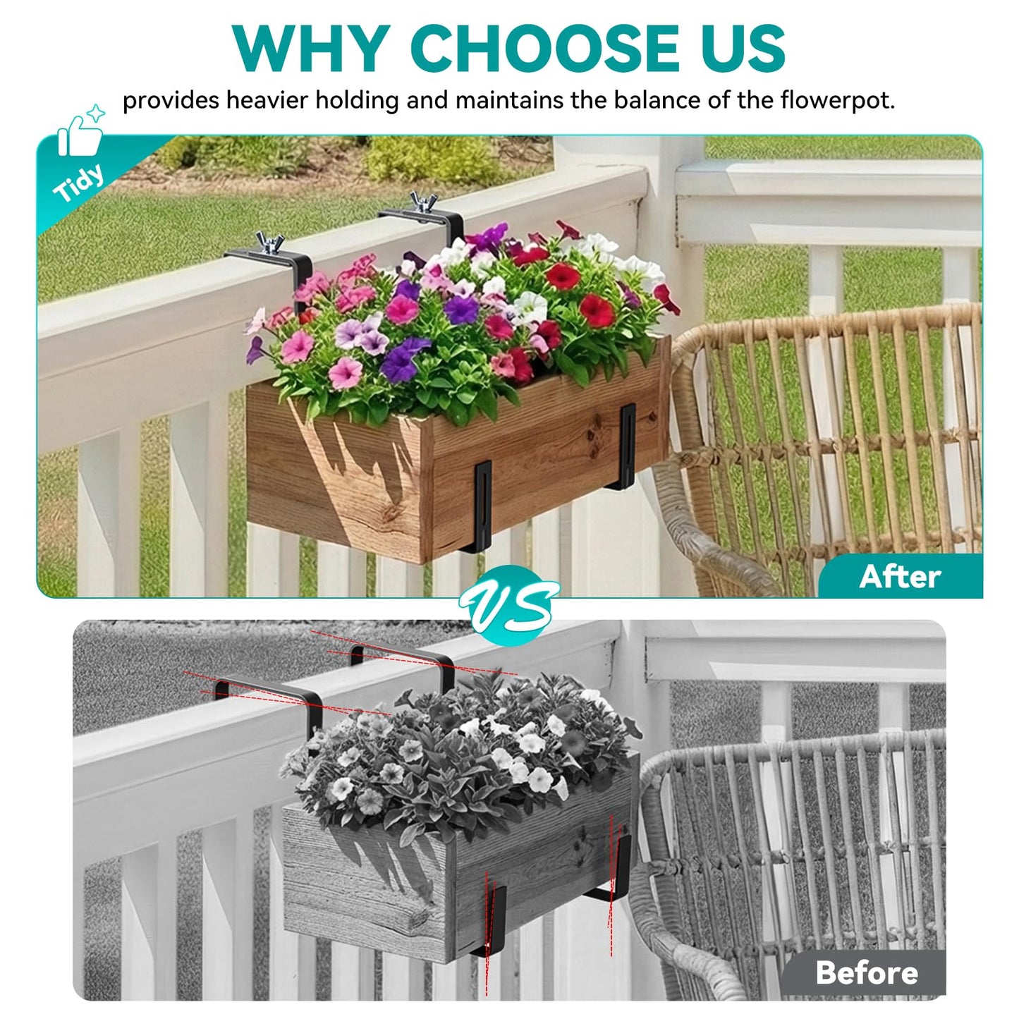 NBPUJ Adjustable Planter Box Brackets,Enhanced Bottom Support,Universal Outdoor Hanging Brackets,Flower Box Brackets for Fence Railings, Windowsill, Patio, Garden,Balcony. (Black)