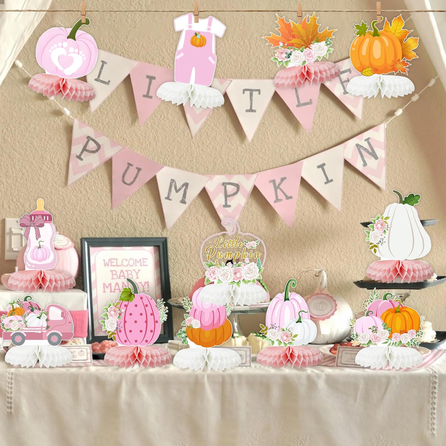 12 PCS Little Pumpkin Baby Shower Decorations 3D Honeycomb Centerpiece Fall Party Table Decor for Girls Pink Table Toppers Honeycomb Gifts for Birthday Party Supplies