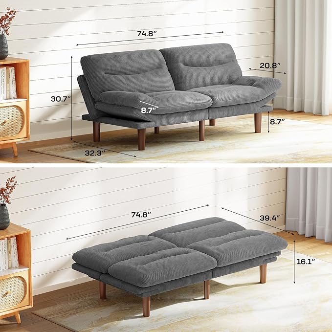 Marsail 75" Futon Sofa Bed, Convertible Corduroy Futon Couch