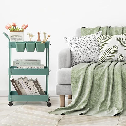 danpinera Storage Cart on Wheels, 3 Tier Bathroom Cart Organizer Slim Laundry Narrow Shelf with Wheels Dividers Hanging Cups Hooks Handle Easy Assembly, Green
