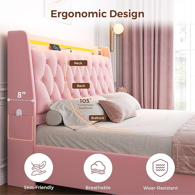 Full LED Velvet Bed Frame with 2 Storage Drawers&Hidden Headboard, Upholstered