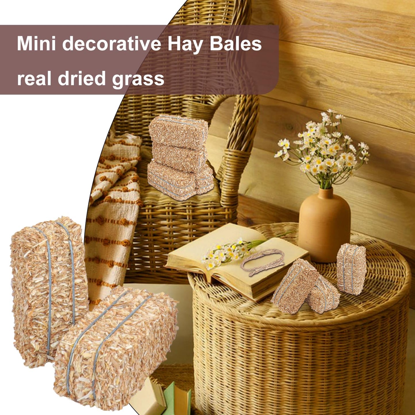Yiksonyo 12 PCS Mini Decorative Hay Bales & 12 PCS Twisted Hemp Rope, Perfect for Table Centerpieces, Fall & Halloween Crafts, and Rustic Decor