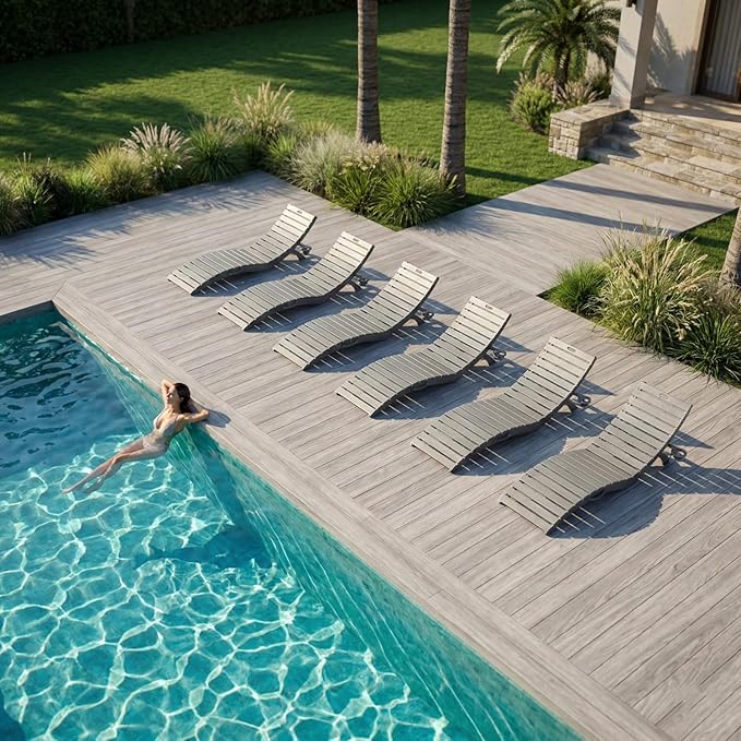 Folding HDPE Pool Lounge Chairs Set of 6, Pre-Assembled Outdoor Chaise Lounge