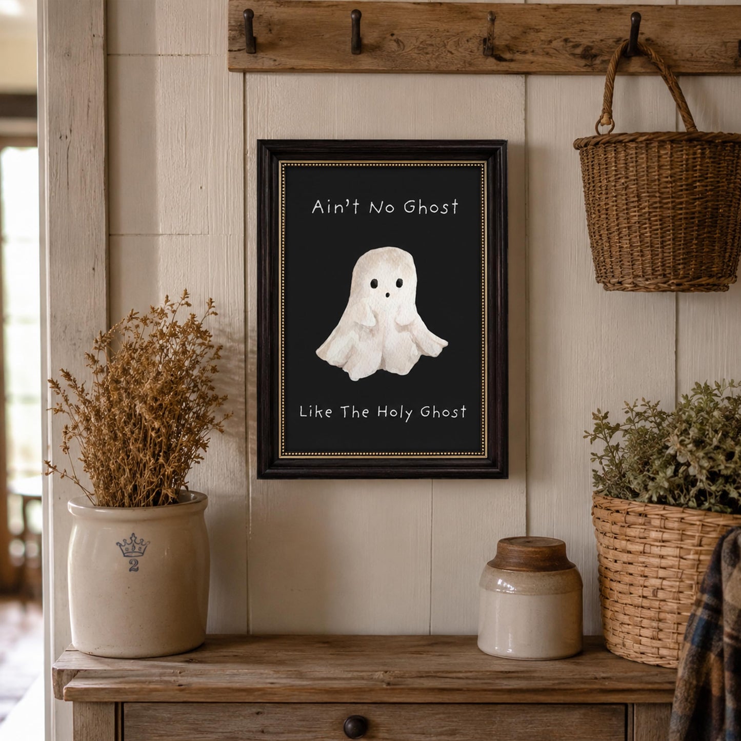 Vbaourut Framed Cute Halloween Wall Art, Funny Holy Ghost Canvas Painting, Cute Ghost Poster with Dark Brown Frame and Upgraded Hook and Loop for Living Room, 9x11 in