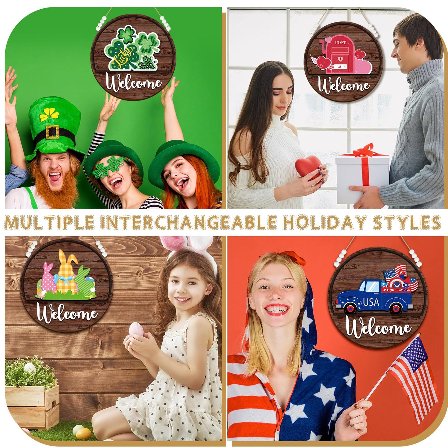 Sintuff 16 Pcs 12 Inch Magnetic Welcome Door Sign Interchangeable Front Door Wreath Decor Rustic Seasonal Hanging Sign Patriotic Summer Decor for Home Warming Gift(White Word, Brown Back)