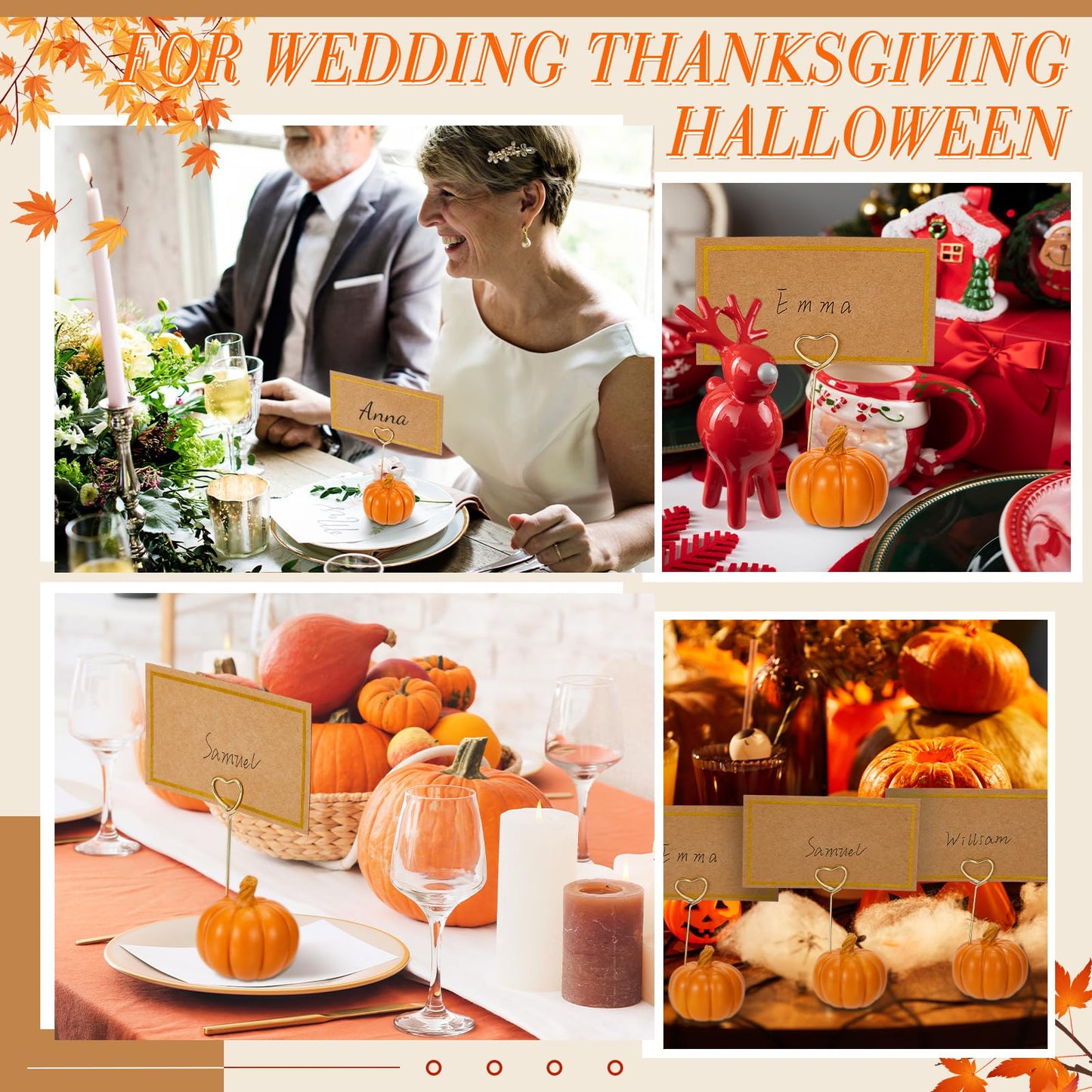 Qeeenar 40 Pcs Thanksgiving Pumpkin Decorations Pumpkin Place Card Holders with Fall Cards for Table Setting Wedding Table Decor Mini Pumpkins Tables Number Holder (Orange)