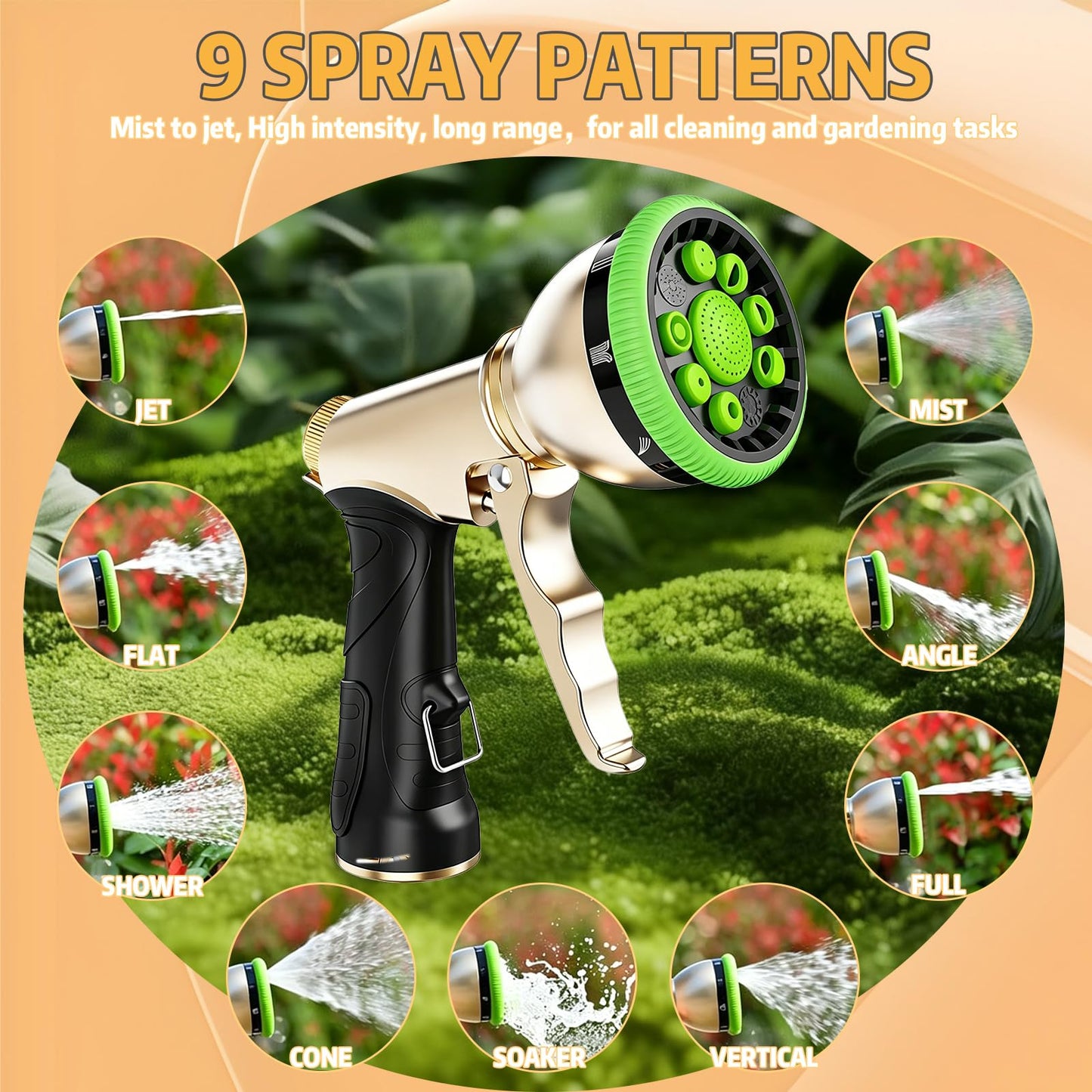 Livoanah High Pressure Hose Sprayer - Heavy Duty Metal Garden Hose Nozzle with 9 Adjustable Spray Patterns, Water Spray Nozzle for Watering Plants, Lawn Care, Car Wash & Pet Cleaning (green)