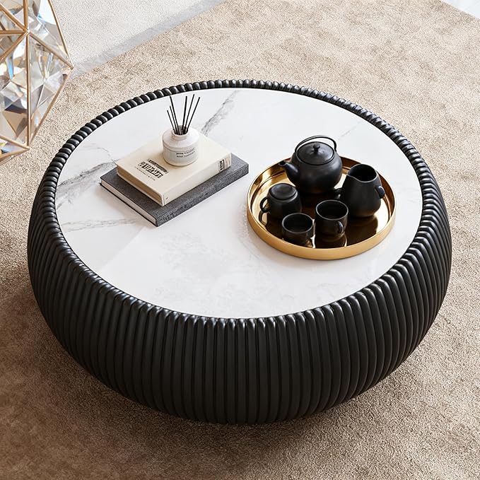 27.55" Round Marble Coffee Table, Modern Fluted Coffee Table