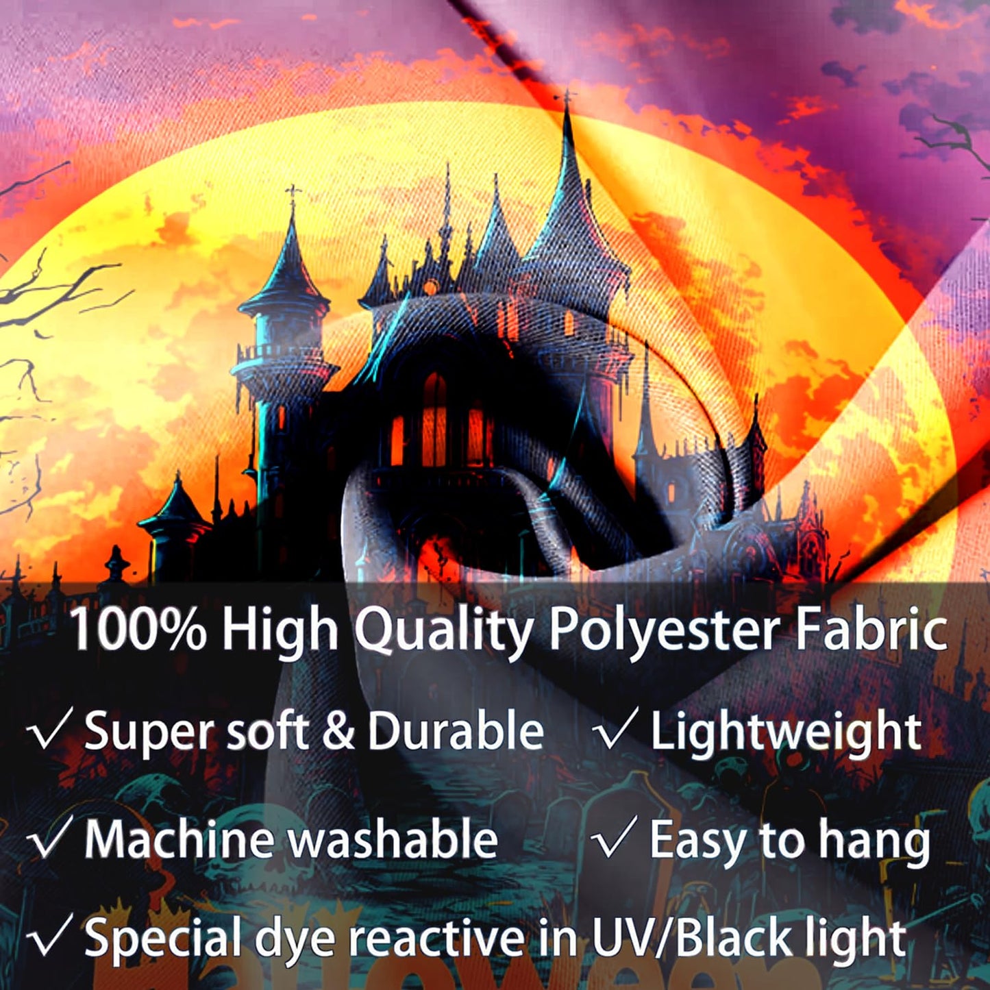 BSFHH Black Light Tapestry – UV Reactive Glow in the Dark Wall Hanging, Spooky Night Scene with Ghosts & Pumpkins, Haunting Home Decor for Parties, Bedroom, or Dorm (GHOST TOWN, 90L x 70W, Unframed)