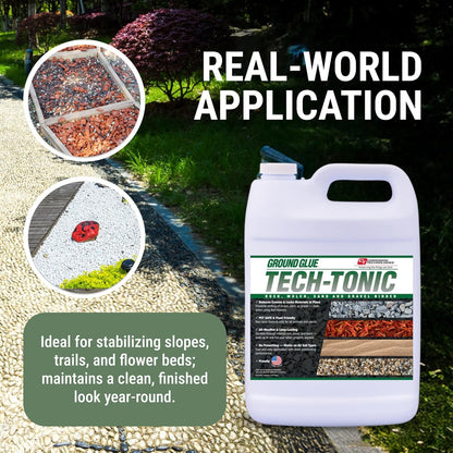 Ground Glue Tech-Tonic Landscape Adhesive for Rock, Mulch, and Sand, Weatherproof Long-Lasting Stabilizer for Trails & Slopes, Pet-Safe Binder for Pea Gravel, Bark & Flower Beds, Made in USA, 1 Gallon