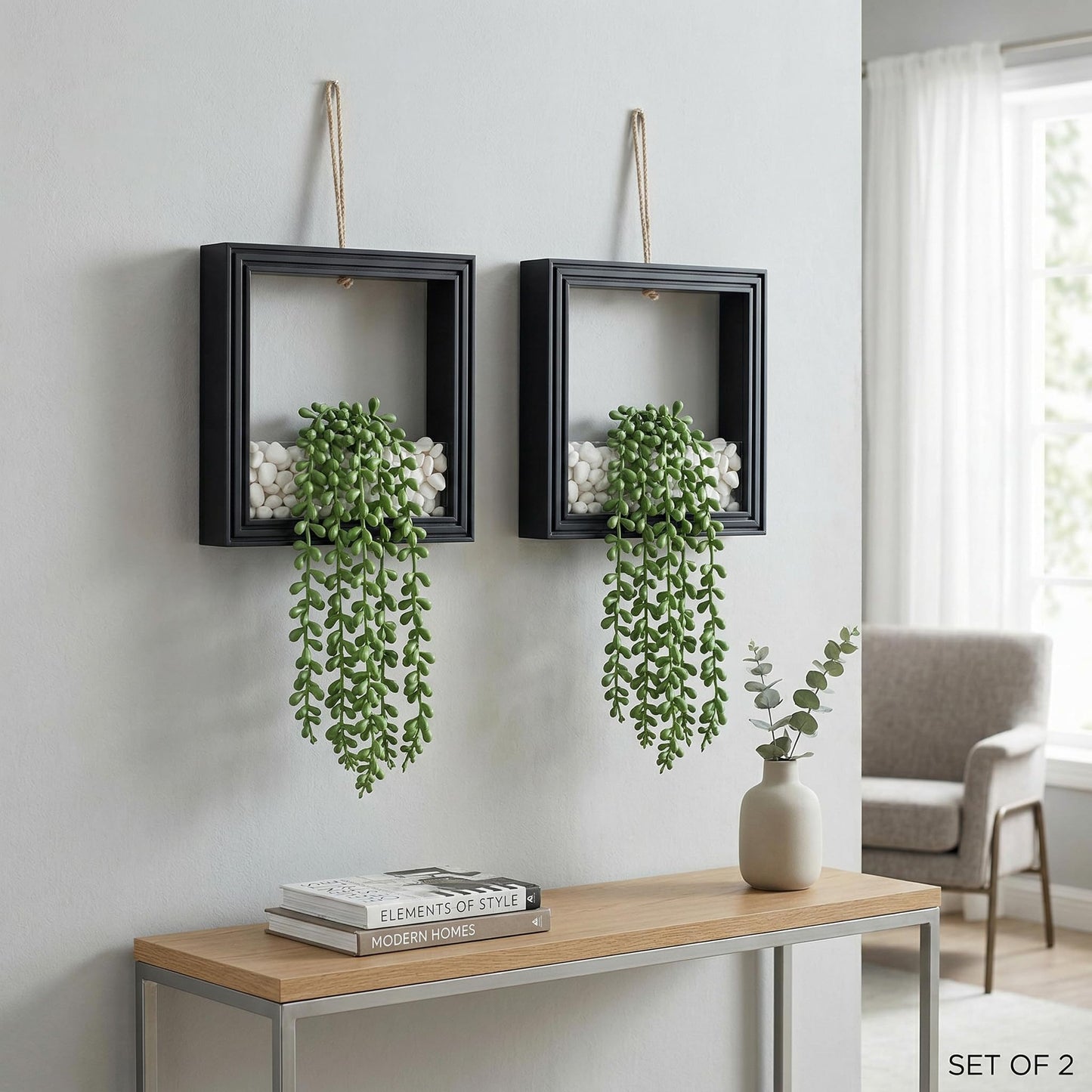 FancyPlus 2 Pack Fake Plants Hanging, Artificial Succulents Plants in Square Wooden Frame with LED Lights, Boho Wall Decor for Office Living Room Bathroom Bedroom Kitchen Indoor Outdoor, Black