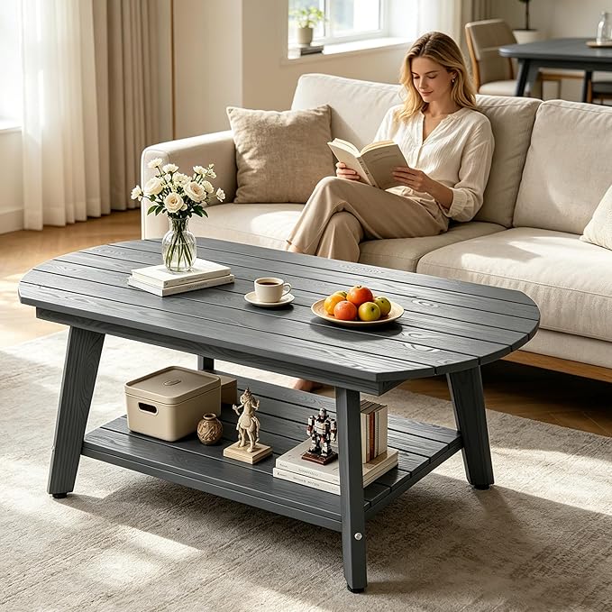 Oval Coffee Table with Open Storage Shelf, Dark Gray Wood Grain Sturdy Coffee