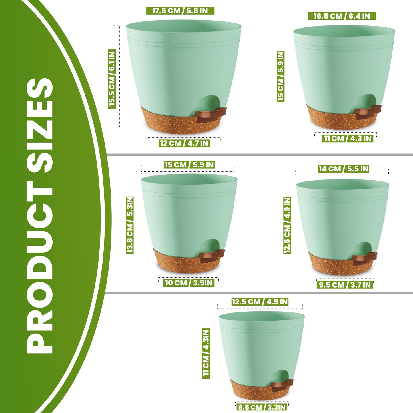 Utopia Home Self Watering Pots for Indoor Plants, Planters for Indoor Plants, Multi-Size Flowerpot, Set of 5 Plant Pots with Drainage & Reservoir, 6.8"/6.4"/5.9"/5.5"/4.9" (Olive Green)
