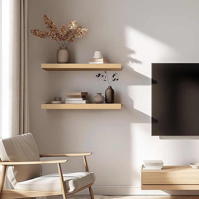 Oak Floating Shelves for Wall，24in Wall Mounted Display Ledge Shelves Perfect