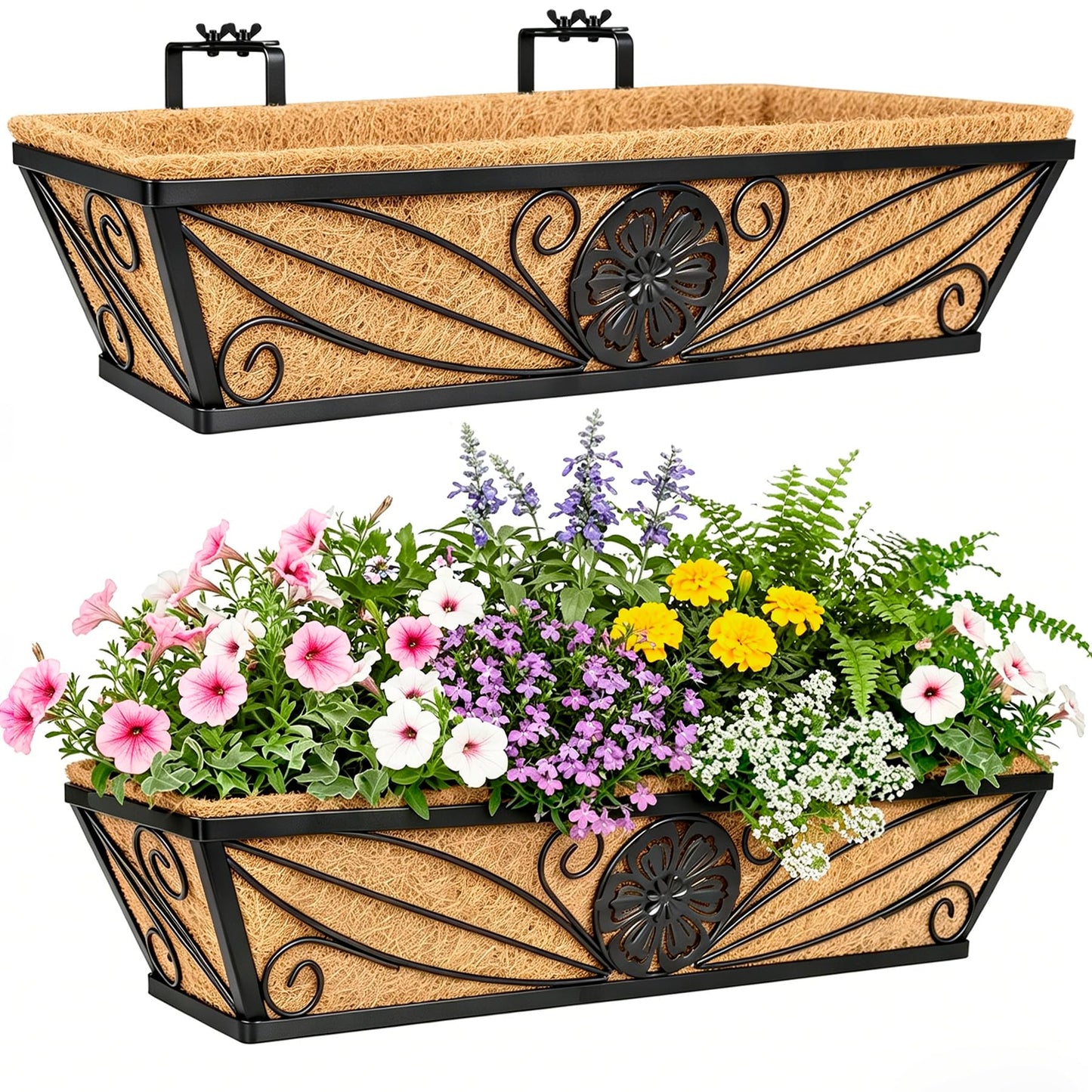 MUYEZHIYU 2 Pack 24 Inch Railing Planter Boxes with Coco Liner, Floral Scroll Metal Window Box Planters for Outdoor Plants, Black Hanging Window Baskets for Garden, Patio, Balcony Railing Decor