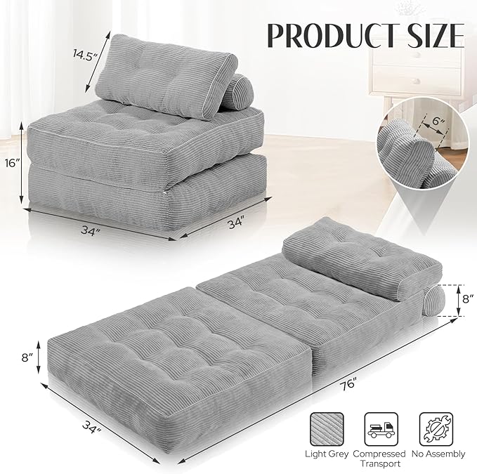 HABUTWAY Folding Sofa Bed, Convertible Sleeper Chair Bed w/Dual-Pillow & Handle
