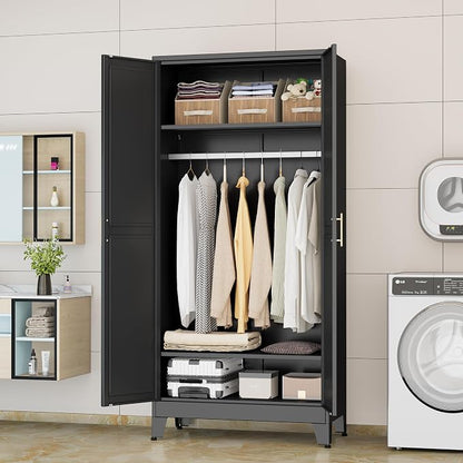 erosoei 71 "Metal Armoire Wardrobe Closet, Steel Clothing Storage Cabinet with Adjustable Shelves and Hanging Rod, Household Steel Wardrobe Storage Cabinet with Adjustable Standing feet（Black）