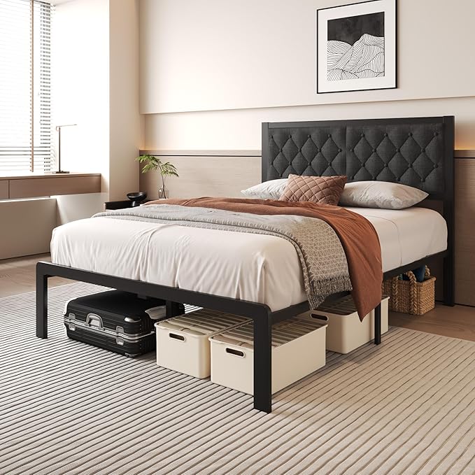 Fluest Full Bed Frame with Headboard Linen Upholstered Bed Frame Platform