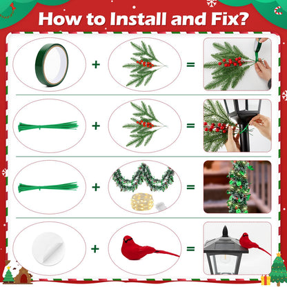 YIBOBO 13Pcs Christmas Lamp Post Decoration Set Include String Light, Pine Branches, Red Berries, Tinsel Garlands, Checkered Bow and Cardinal Bird for Outdoor Holiday Porch Lawn, NOT Include Lamp Post