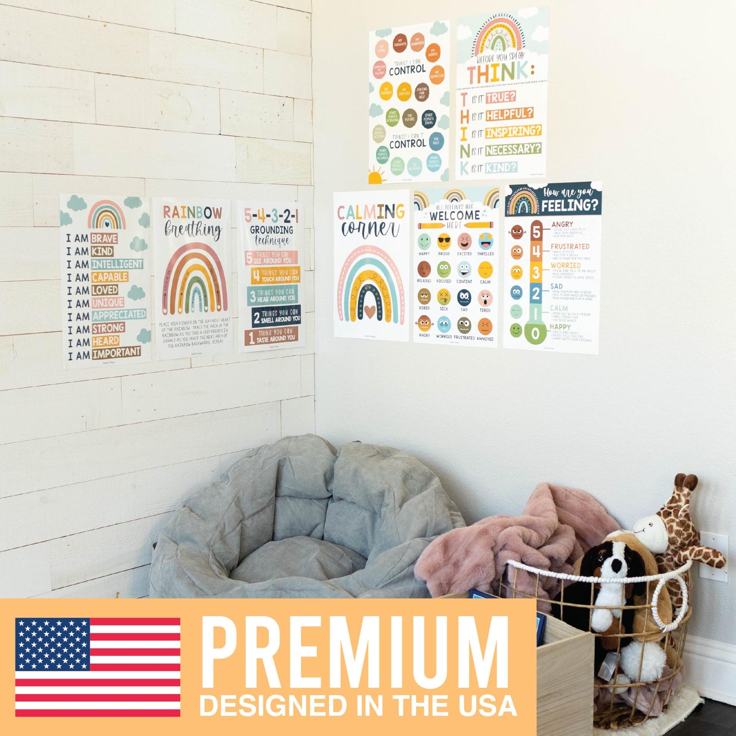 Hadley Designs 8 Calming Corner Posters for Classroom Must Haves - Calm Down Corner Supplies with Emotions Chart, School Counselor Mental Health Poster, Feelings Chart For Kids, Boho Classroom Decor