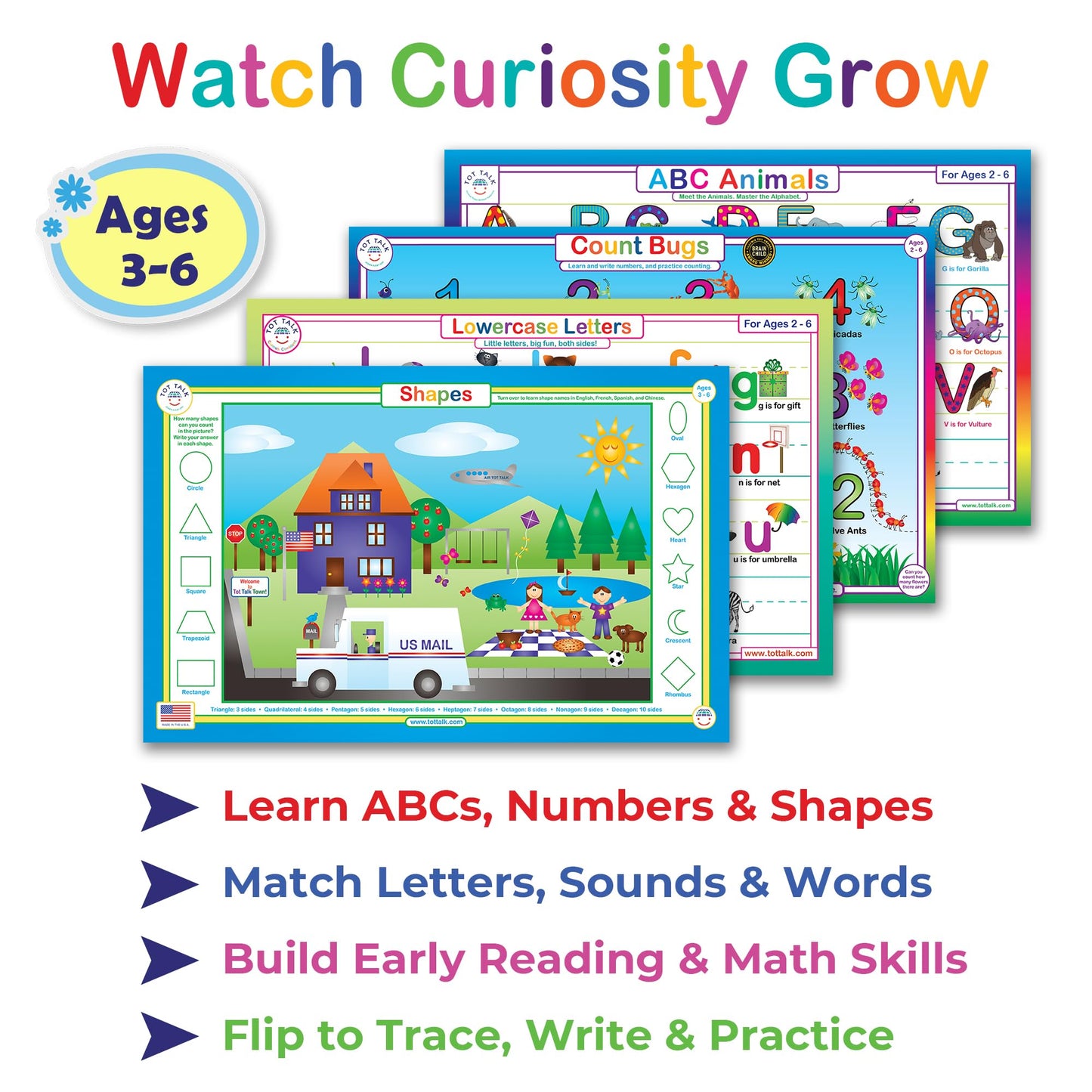 Tot Talk Early Learning Educational Placemat 4-Pack for Kids – Made in USA – Uppercase ABCs Alphabet, Lowercase ABCs, Numbers and Shapes – Durable, Double-Sided, Waterproof, Wipeable Learning Mats