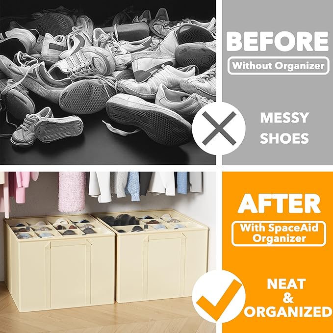 SpaceAid Shoe Organizer for Closet, 2 Pack Foldable Shoe Storage Containers