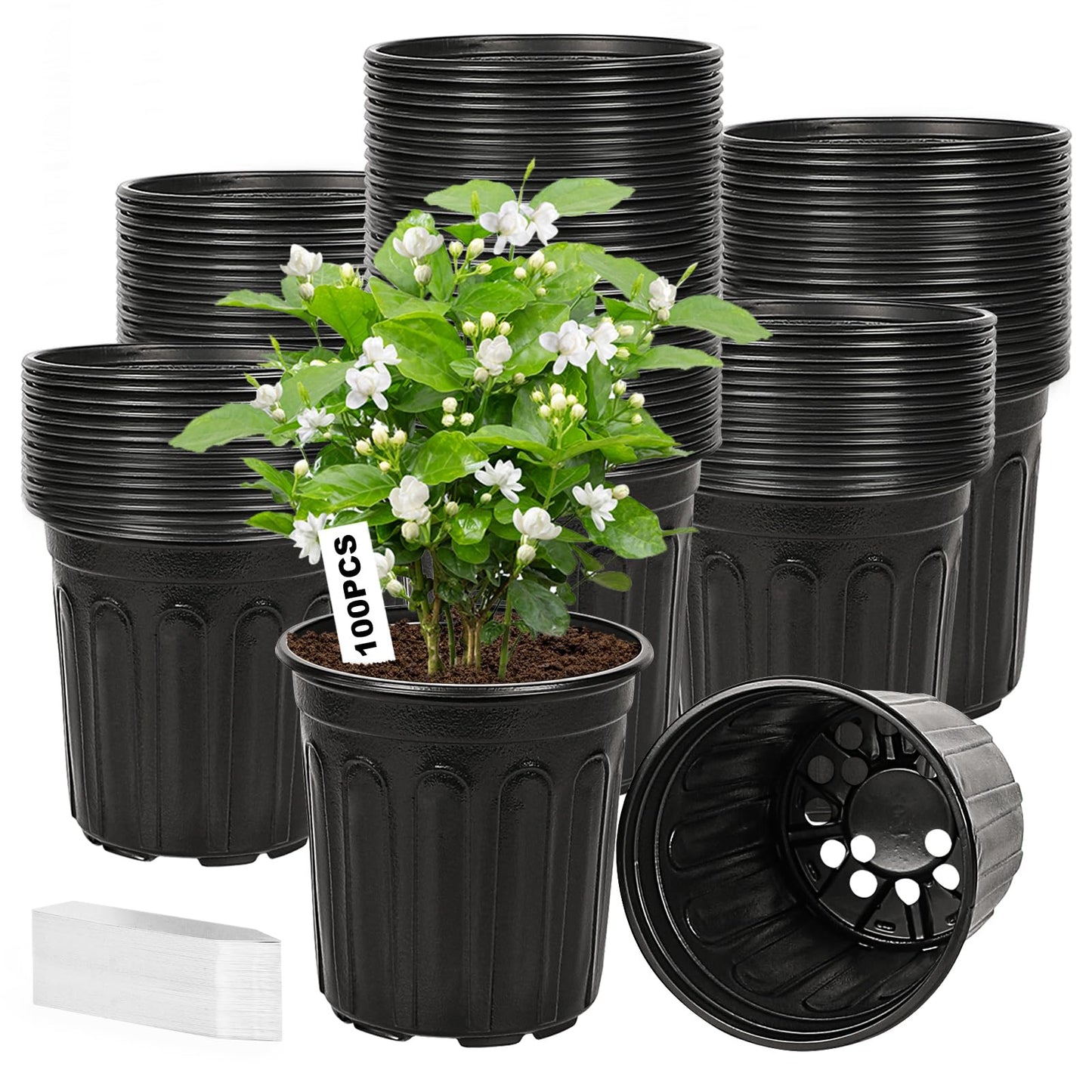 Hemikaki 100-Pack 1 Gallon Nursery Pots, Thickened Pots for Plants with Drainage Holes, Large Plastic Flower Pots for Seedlings, Succulents, Transplanting, Come with 100pcs Plant Labels