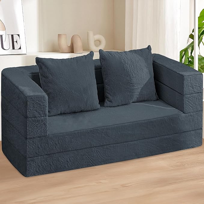 Folding Bean Bag Chair for Adults, 3-in-1 Bean Bag Couch Faux Fur Floor Sofa