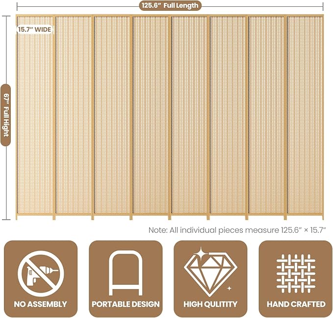 8 Panel Room Divider and Extra Wide Folding Privacy Screen, Bamboo Room Divider