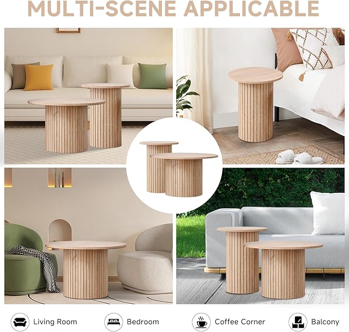 Round Nesting Coffee Table Set of 2 Mid Century Modern Wood Round Coffee Tables