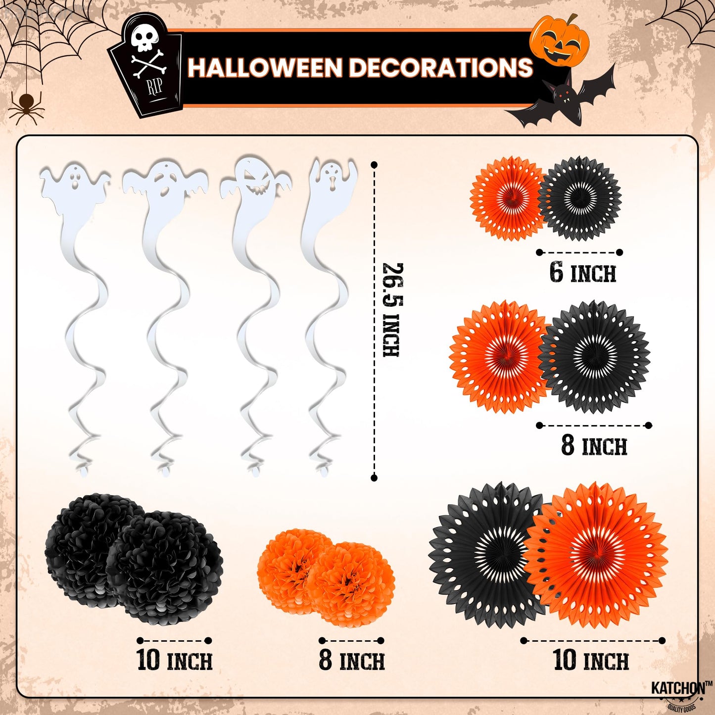 KatchOn, Happy Halloween Party Decoration Set - Pack of 17 | Garlands & Wall Portrait Banner | XtraLarge 72x44 Inch- halloween Banner | Wall Backdrop,Hanging Swirl For Halloween Decorations
