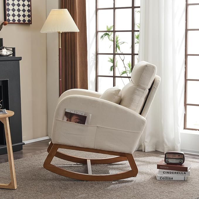 VINGLI Beige Linen Nursery Rocking Chair