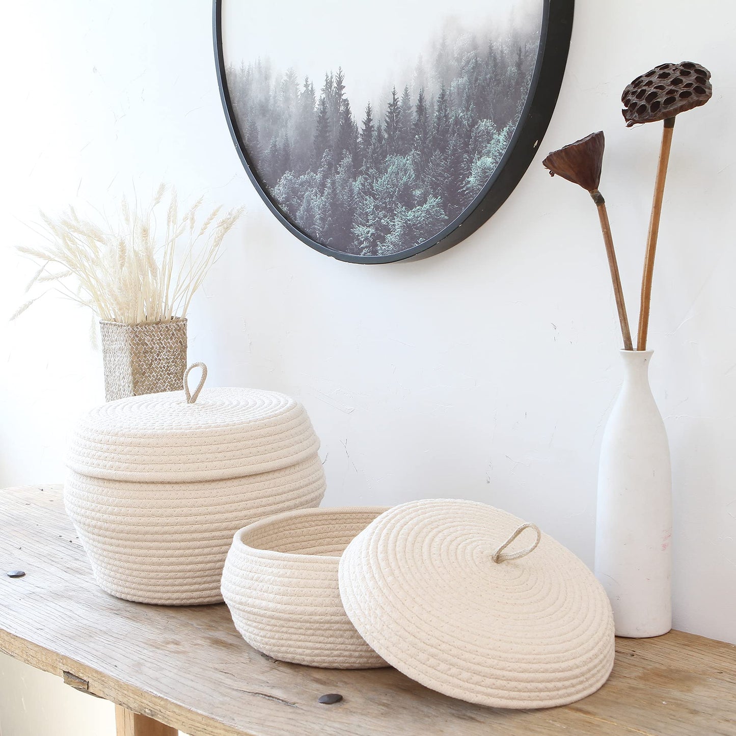 Sea Team Round Cotton Rope Storage Basket with Lid, Decorative Woven Storage Bin, Pot, Caddy, Organizer, Container for Snacks, Towels, Plants, 13 x 5.5 Inches (Large, Shallow, Cream)