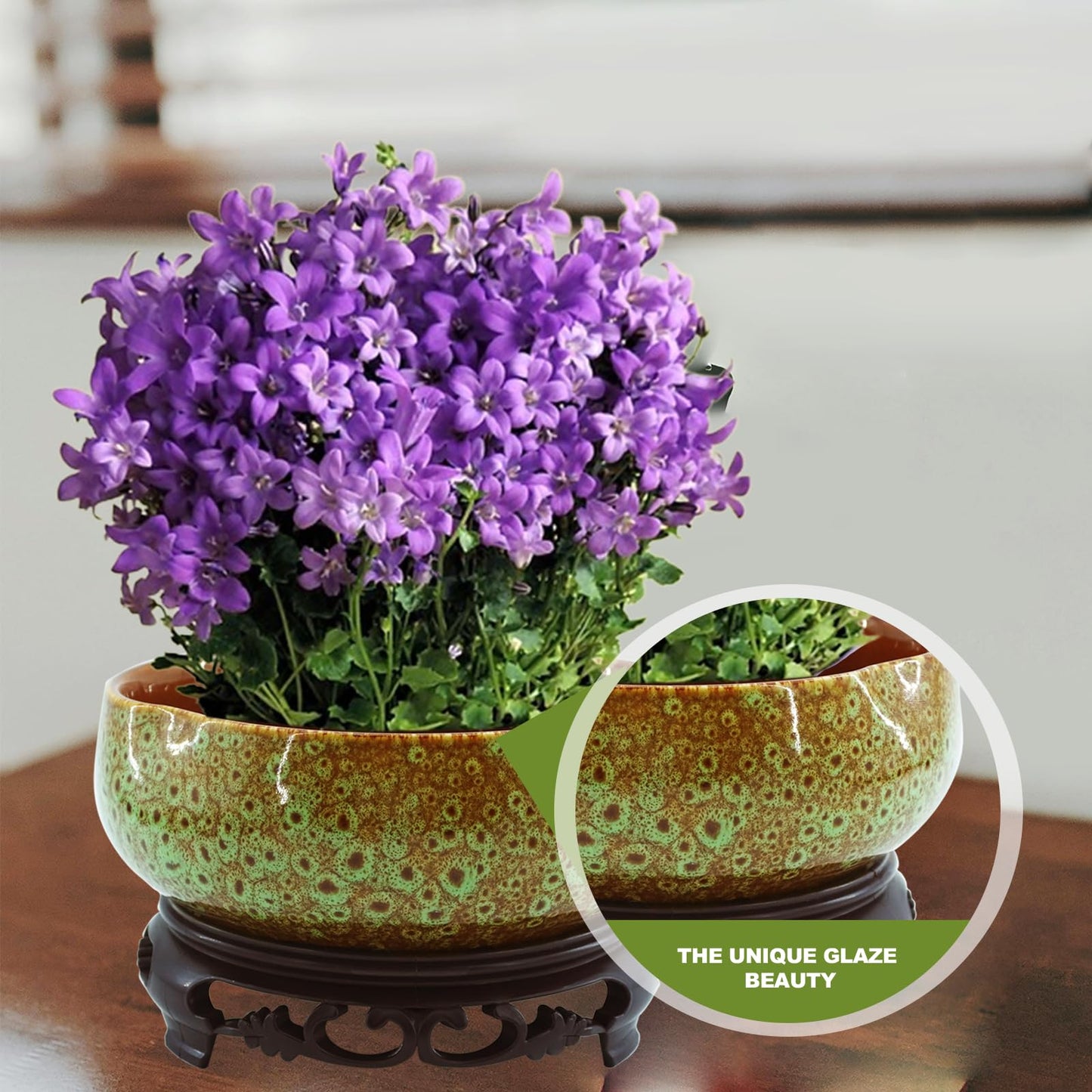 YOSMAKIY Lotus Bowl Planter，Decorative Ceramic Bowl Lotus for Water Plants with Black Stand, Green and Brown Glazed Finish