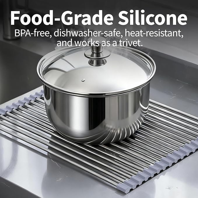 Roll Up Dish Drying Rack for Over Sink -17.5"x11.8" Foldable Stainless Steel Kitchen Drainer，Gray
