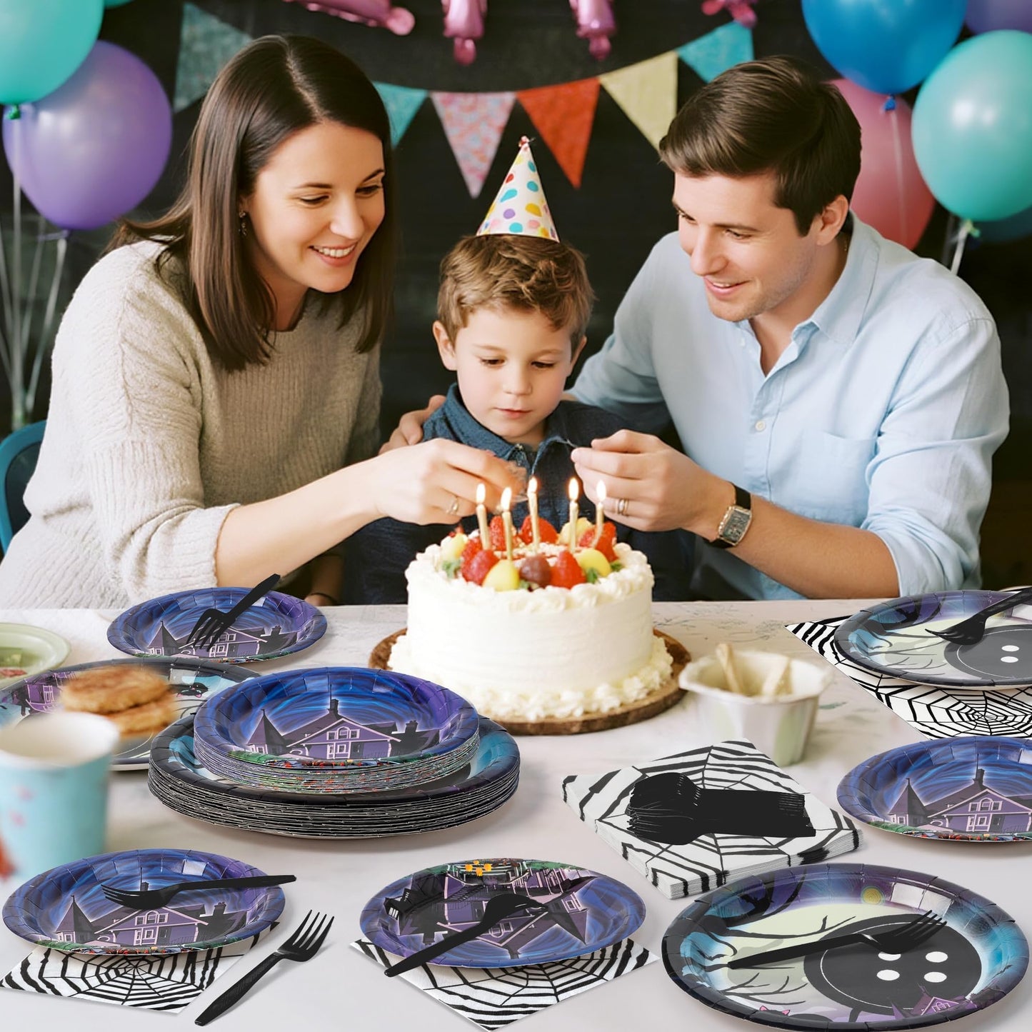 BOpusail 96P Starry Night Ghost House Party Tableware Set, Party Supplies for Kids Birthday School Spooky Night Theme Serves 24 Guests, Disposable Dinnerware Paper Dessert Dinner Plates Napkins Forks