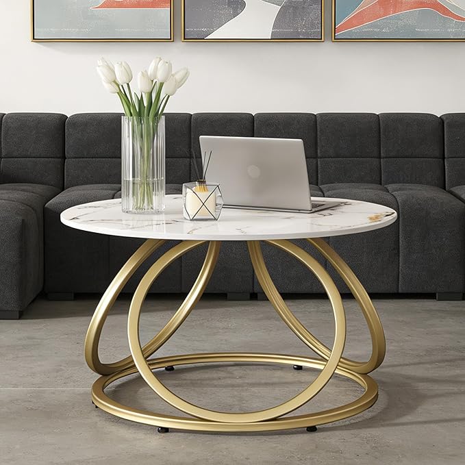 O&K FURNITURE Modern Gold Coffee Table, Faux Marble Pattern Center Table