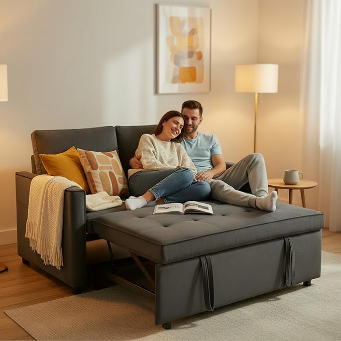 Sofa Bed, Pull Out Couch with Side Pockets, 3 in 1 Velvet Fabric Loveseat