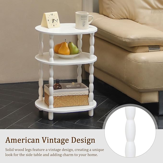 MaxSmeo White Side Table, 3-Tier Small Oval End Table, Modern Night Stand Wood