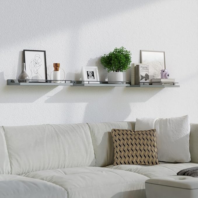 WOPITUES Floating Shelves with Black Metal Guardrail, Shelves